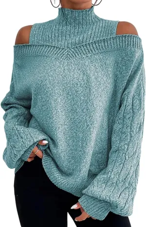 TIAFORD Women's Cold Shoulder High Neck Knitted Sweater Fall Winter Trendy Casual Oversized Pullover Jumper Tops