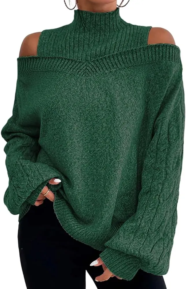 TIAFORD Women's Cold Shoulder High Neck Knitted Sweater Fall Winter Trendy Casual Oversized Pullover Jumper Tops
