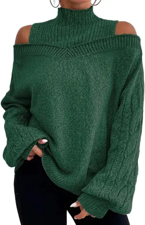 TIAFORD Women's Cold Shoulder High Neck Knitted Sweater Fall Winter Trendy Casual Oversized Pullover Jumper Tops