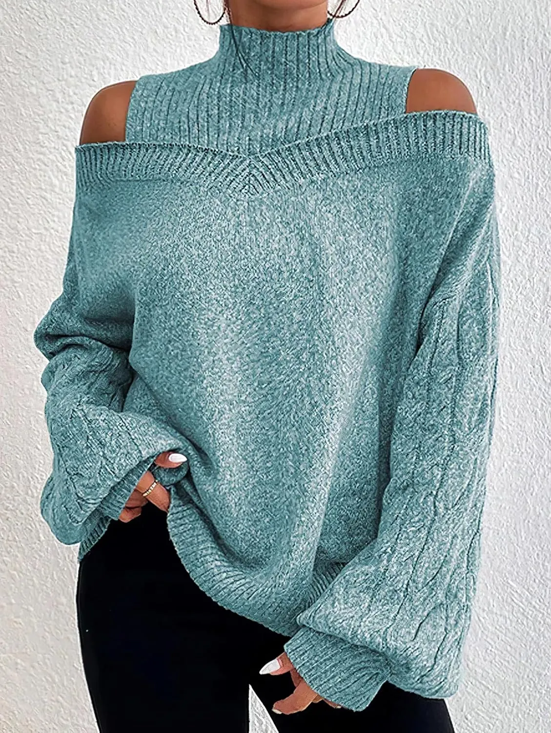 TIAFORD Women's Cold Shoulder High Neck Knitted Sweater Fall Winter Trendy Casual Oversized Pullover Jumper Tops