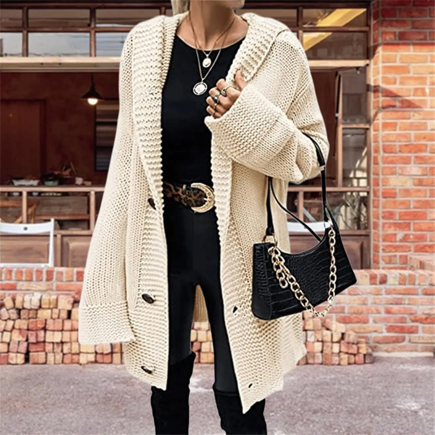 Wankang Women Hooded Open Front Cardigan Sweaters 2023 Fall Chunky Knit Ribbed Sweater Button Down Coats Long Hoodie Outwear