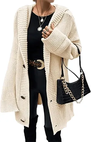 Wankang Women Hooded Open Front Cardigan Sweaters 2023 Fall Chunky Knit Ribbed Sweater Button Down Coats Long Hoodie Outwear