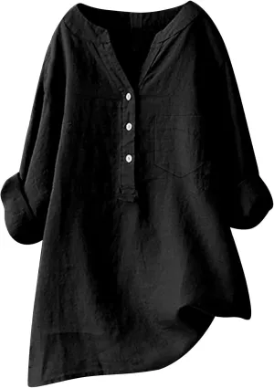 Women Button Up Shirts V-Neck Short Sleeve Cotton Linen Summer Casual Comfy Blouse Tops Loose Tunics Top