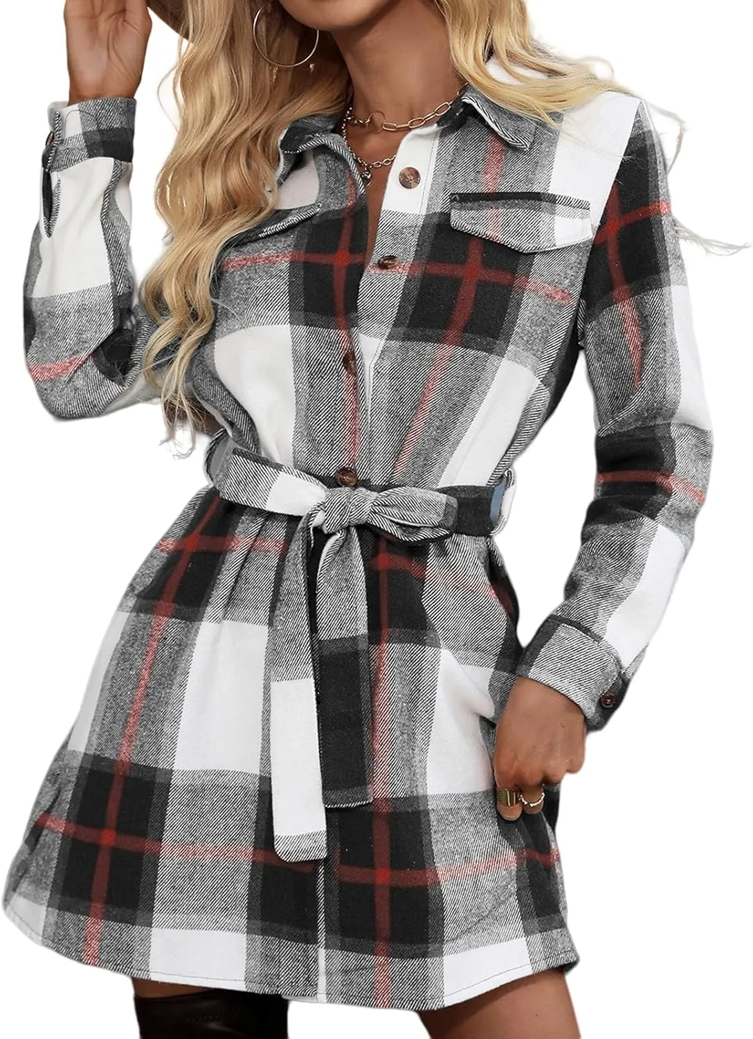 Womens 2023 Fall Cardigans Plaid Button Down Long Sleeve Shacket Shirt Jacket Lapel Tunic Coats Fall Dresses with Belt