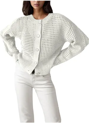 Women's 2024 Fall Cropped Cardigan Open Front Long Sleeve Lightweight Crochet Shrug Hollowed-Out Knit Sweater Tops