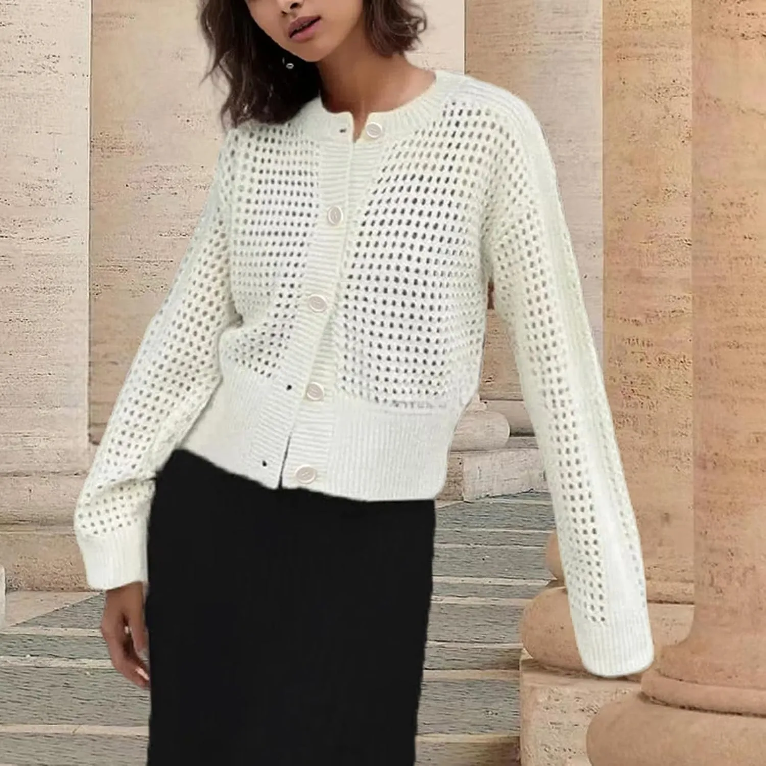 Women's 2024 Fall Cropped Cardigan Open Front Long Sleeve Lightweight Crochet Shrug Hollowed-Out Knit Sweater Tops