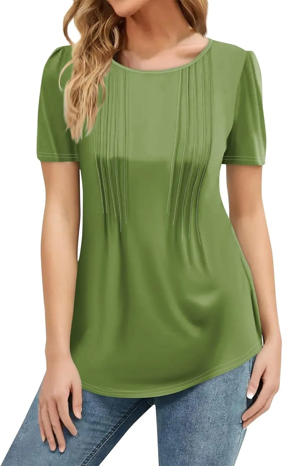 Women's Going Out Tops Petal Short Sleeve Summer Casual Crew Neck Shirts Solid Blouse Pleated Tunics Shirts, S-3XL