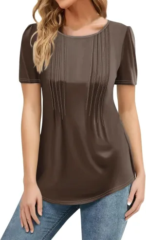 Women's Going Out Tops Petal Short Sleeve Summer Casual Crew Neck Shirts Solid Blouse Pleated Tunics Shirts, S-3XL