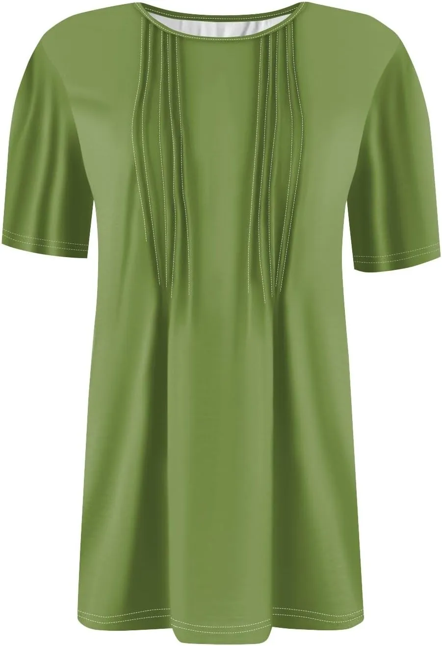 Women's Going Out Tops Petal Short Sleeve Summer Casual Crew Neck Shirts Solid Blouse Pleated Tunics Shirts, S-3XL
