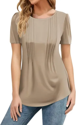 Women's Going Out Tops Petal Short Sleeve Summer Casual Crew Neck Shirts Solid Blouse Pleated Tunics Shirts, S-3XL