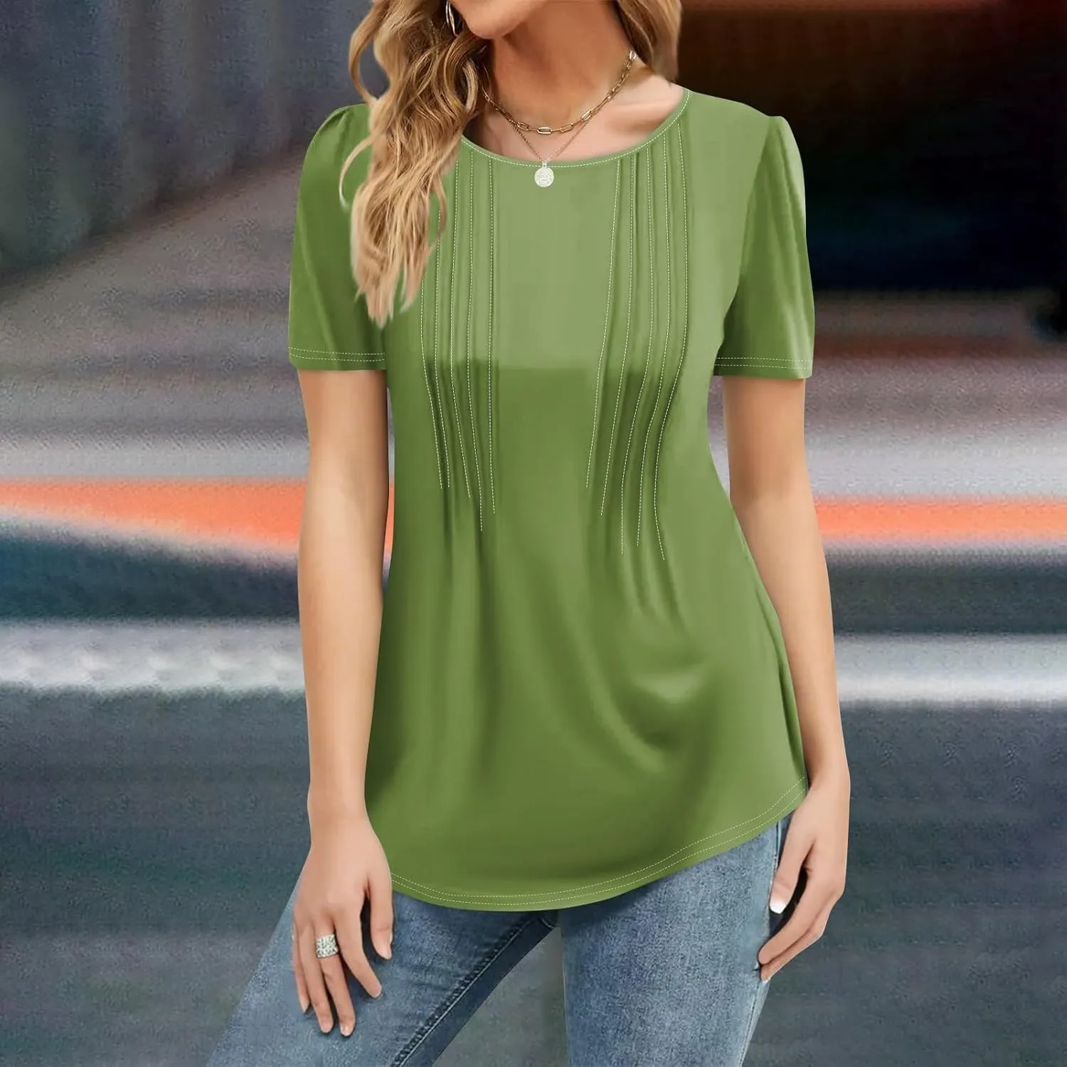 Women's Going Out Tops Petal Short Sleeve Summer Casual Crew Neck Shirts Solid Blouse Pleated Tunics Shirts, S-3XL