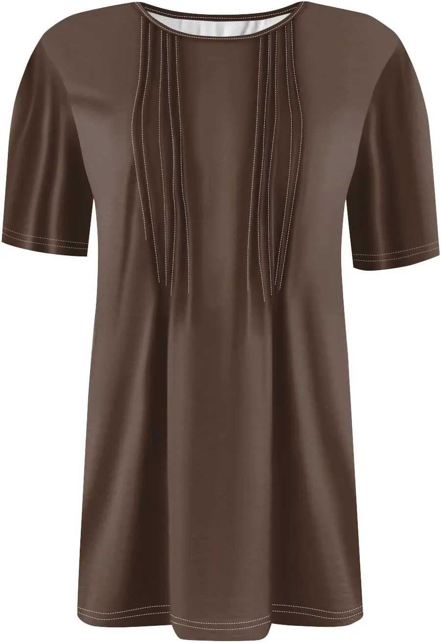 Women's Going Out Tops Petal Short Sleeve Summer Casual Crew Neck Shirts Solid Blouse Pleated Tunics Shirts, S-3XL