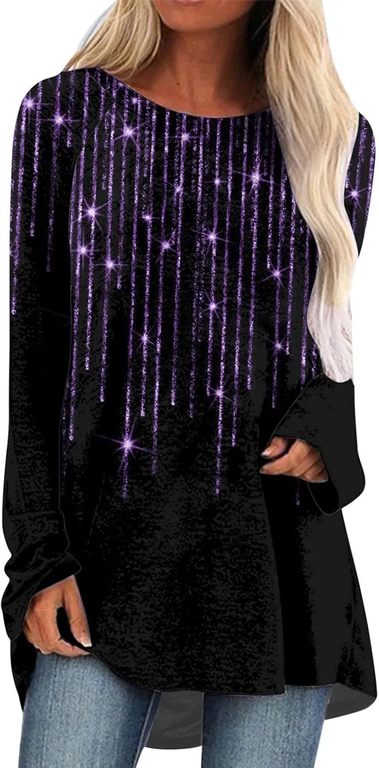 Womens Long Sleeve Tops Casual Plus Size Pullover Sequin Tunic Tops Flowy Parkly Printed Evening Party T Shirt Blouse