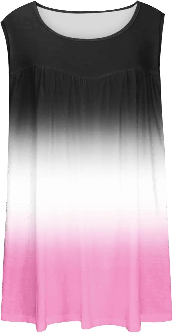 Womens Plus Size Tank Tops Summer Sleeveless Shirts Workout Basic Gradient Comfy Tanks Tee Tunics Flowy Pleated Blouse