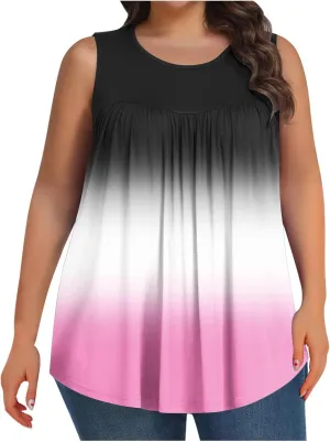 Womens Plus Size Tank Tops Summer Sleeveless Shirts Workout Basic Gradient Comfy Tanks Tee Tunics Flowy Pleated Blouse