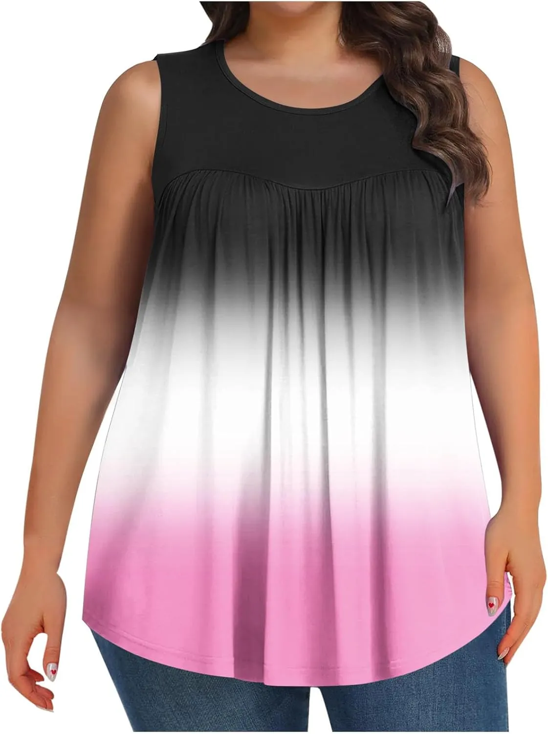 Womens Plus Size Tank Tops Summer Sleeveless Shirts Workout Basic Gradient Comfy Tanks Tee Tunics Flowy Pleated Blouse