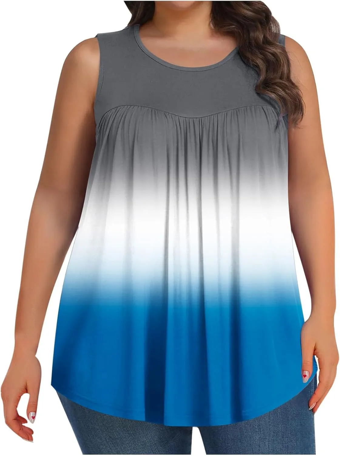Womens Plus Size Tank Tops Summer Sleeveless Shirts Workout Basic Gradient Comfy Tanks Tee Tunics Flowy Pleated Blouse