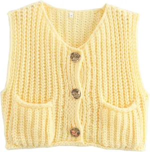 Womens Sleeveless Crop Knit Cardigan Vests Button Down Trendy Open Front Sweater Vests Dressy Tops with Pockets