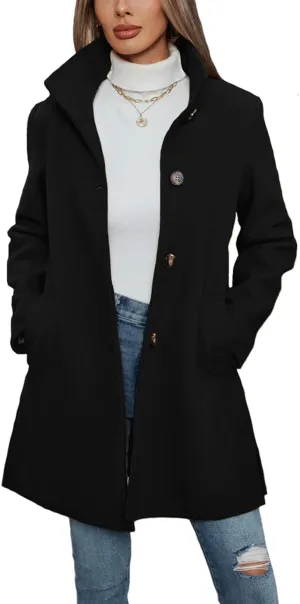 Women's Winter Peacoat Single Breasted Stand Collar Mid Long Wool Blend Trench Coat with Pockets