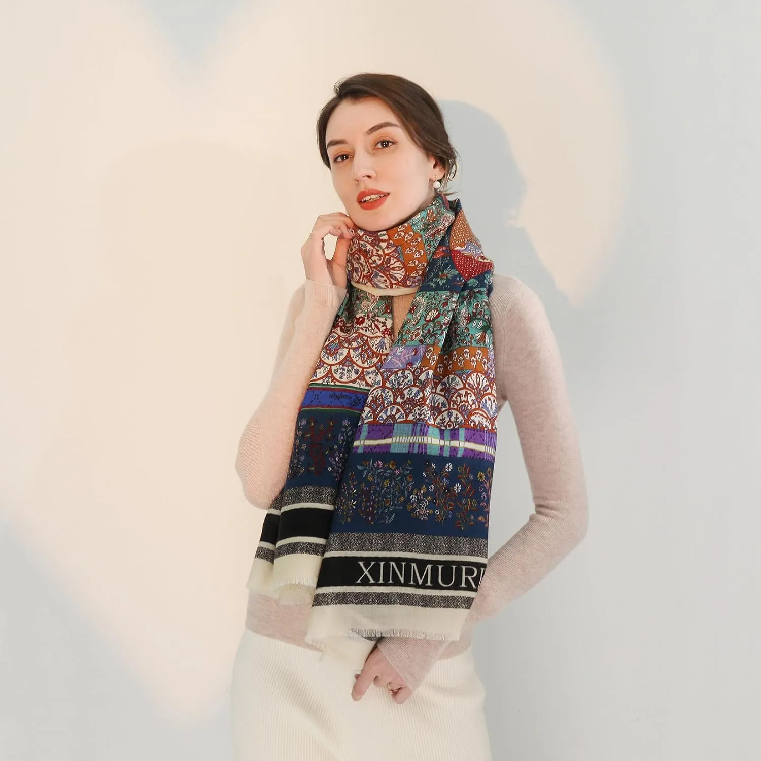 Xinmurffy 100% Merino Wool Travel Scarf Pashmina Shawls and Wraps for Women Cashmere Warm Winter Large Floral Blanket Scarves