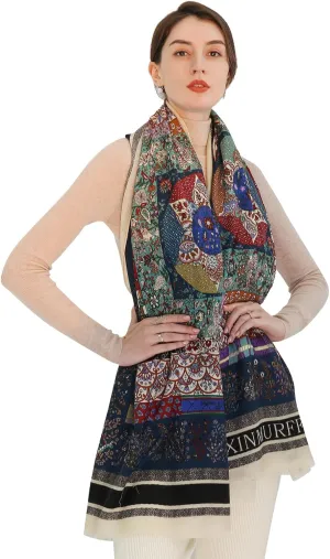 Xinmurffy 100% Merino Wool Travel Scarf Pashmina Shawls and Wraps for Women Cashmere Warm Winter Large Floral Blanket Scarves