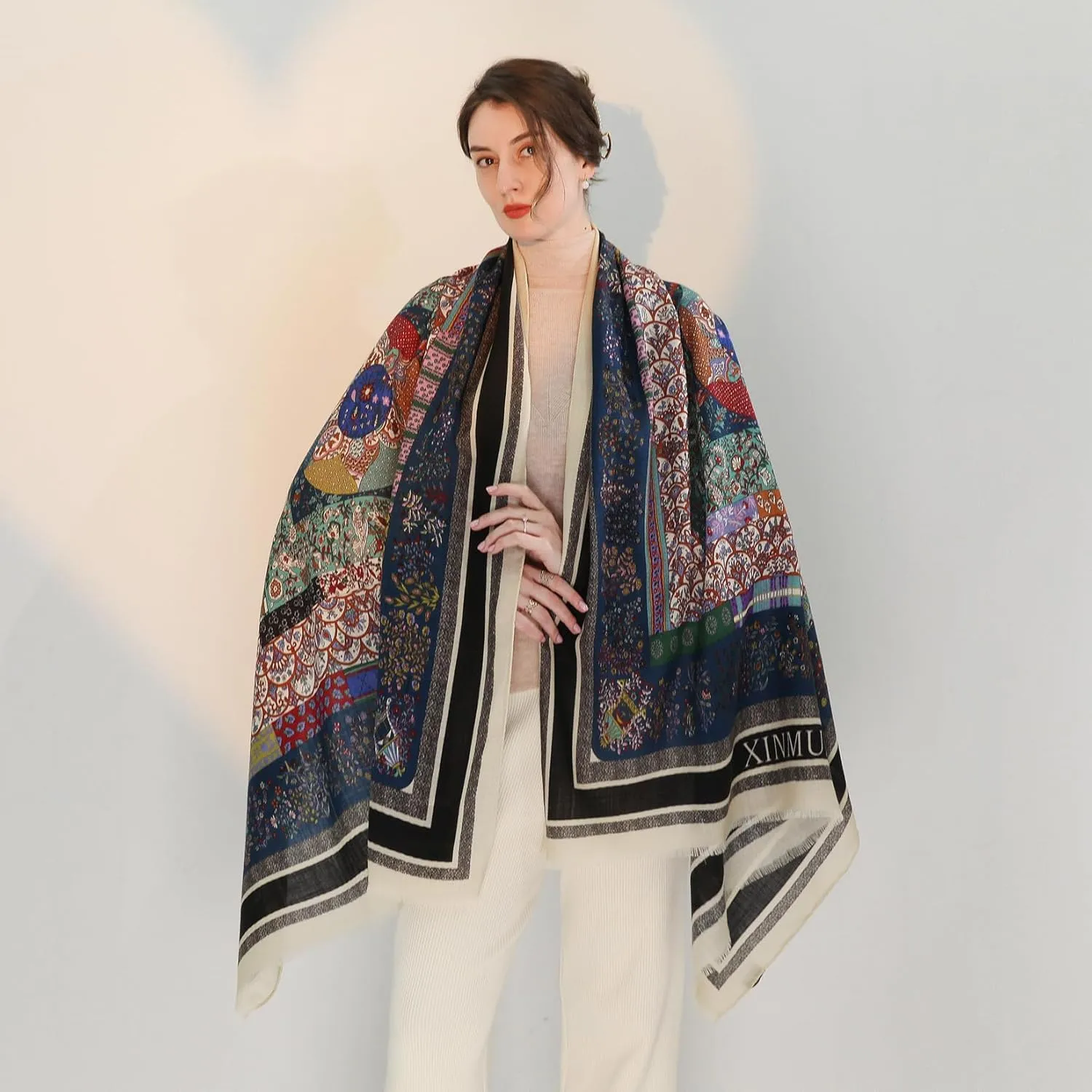 Xinmurffy 100% Merino Wool Travel Scarf Pashmina Shawls and Wraps for Women Cashmere Warm Winter Large Floral Blanket Scarves