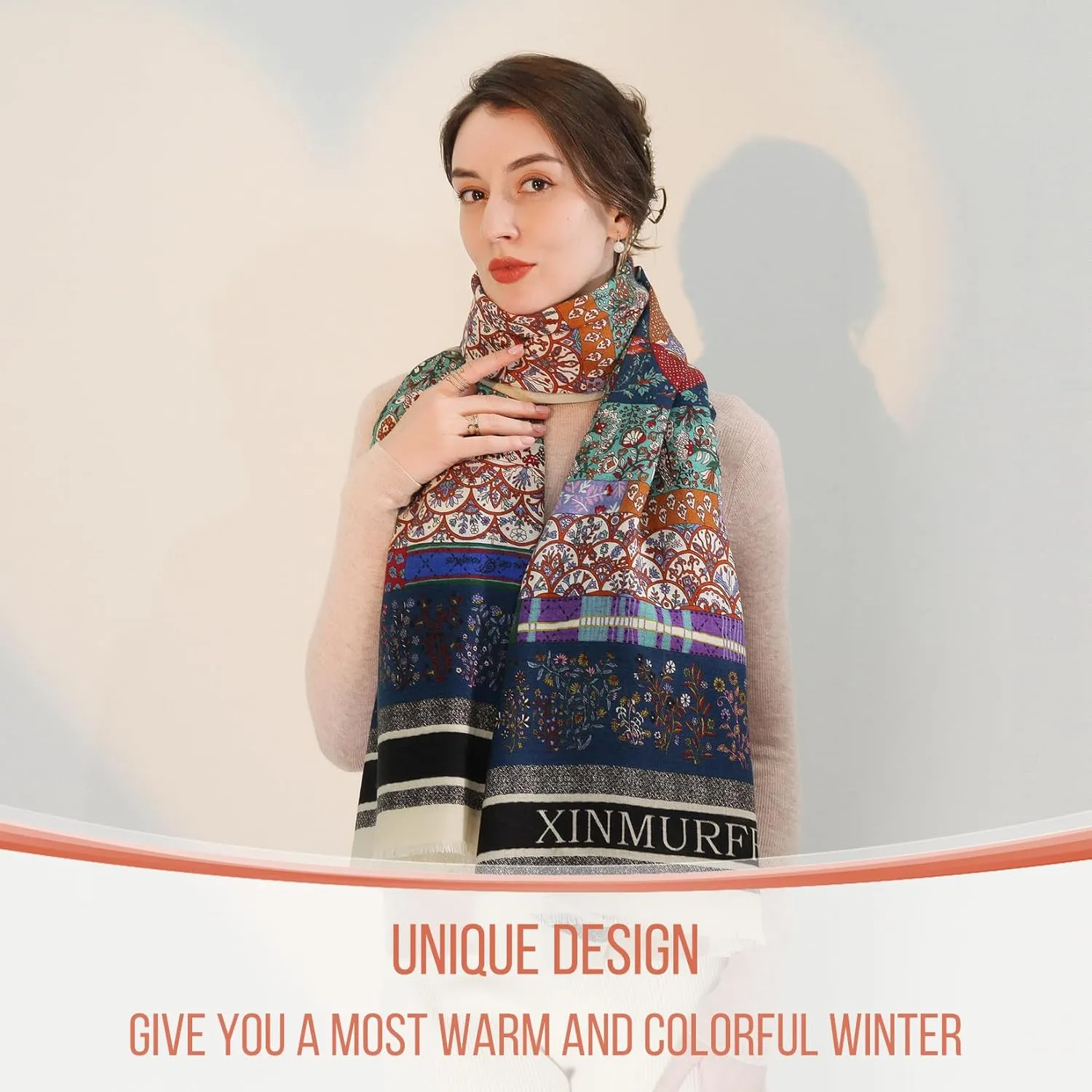 Xinmurffy 100% Merino Wool Travel Scarf Pashmina Shawls and Wraps for Women Cashmere Warm Winter Large Floral Blanket Scarves