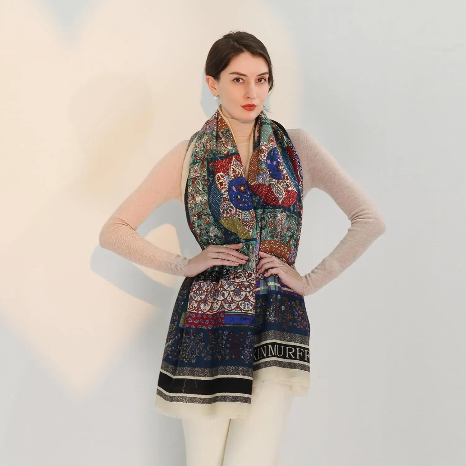Xinmurffy 100% Merino Wool Travel Scarf Pashmina Shawls and Wraps for Women Cashmere Warm Winter Large Floral Blanket Scarves