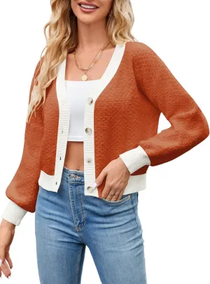 ZAFUL Women's V Neck Button Up Chunky-Knit Long Sleeve Cropped Cardigan Sweaters Color Block Crop Cardigans Outerwear