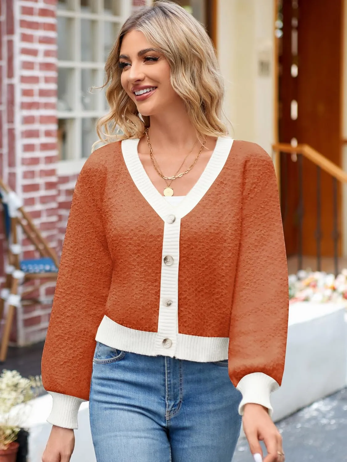 ZAFUL Women's V Neck Button Up Chunky-Knit Long Sleeve Cropped Cardigan Sweaters Color Block Crop Cardigans Outerwear