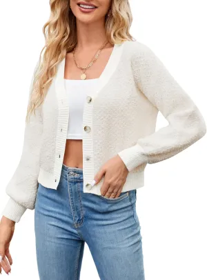 ZAFUL Women's V Neck Button Up Chunky-Knit Long Sleeve Cropped Cardigan Sweaters Color Block Crop Cardigans Outerwear