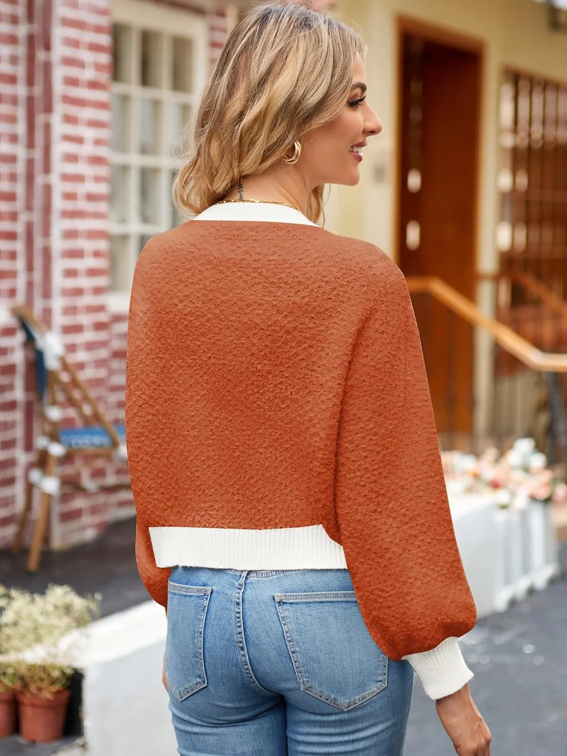 ZAFUL Women's V Neck Button Up Chunky-Knit Long Sleeve Cropped Cardigan Sweaters Color Block Crop Cardigans Outerwear